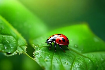 Ladybug sitting on a green leaf.