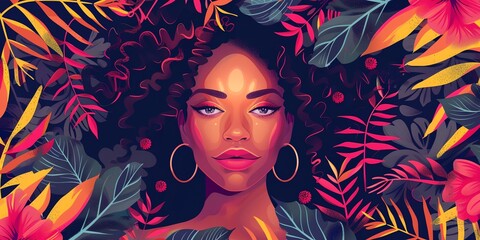 Naklejka premium A woman with a flowery background. The woman is wearing a gold hoop earring and a red lipstick