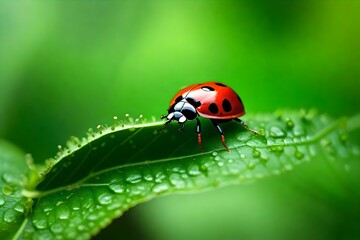 Fototapeta premium Ladybug sitting on a green leaf.