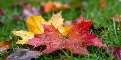 Colorful autumn maple leaves on grass background