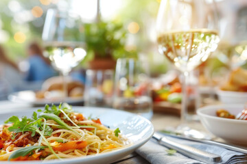 Group of happy young mix race people having lunch outdoors in Amsterdam street restaurant. Life style concept with friends having fun together on summer holiday
