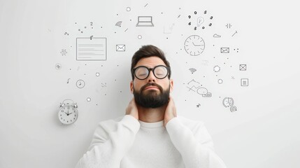 Balancing Tech Chaos: Minimalistic Monochrome Line Art of Individual Juggling Digital Alerts