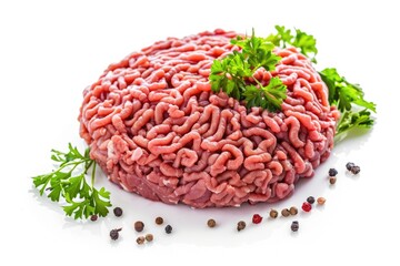 Ground Beef on White Background. Isolated Raw Minced Meat Forcemeat Ingredient