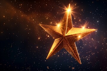 A bright orange star is lit up against a dark background. The star is surrounded by a lot of sparkles, giving it a festive and celebratory feel