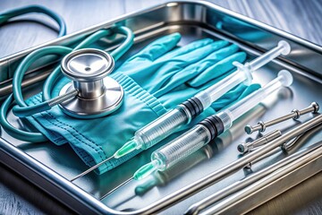 A sterile syringe lies on a metal medical tray surrounded by needles, gloves, and a stethoscope, highlighting the crucial role of syringes in modern healthcare.
