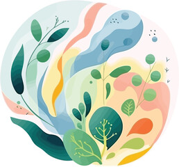 Naklejka premium Elegant and colorful leaves in an abstract circular shape doodle art for print, wall art, clipart, and home decor