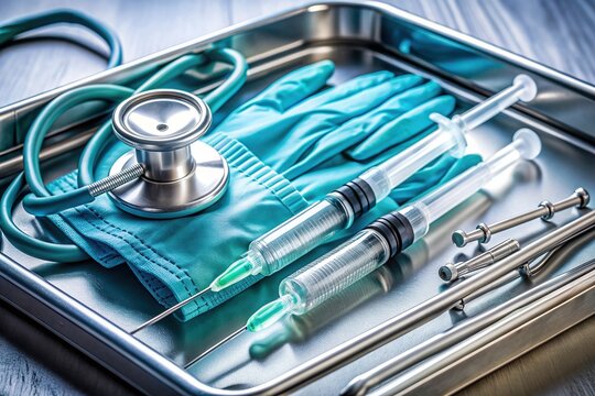A sterile syringe lies on a metal medical tray surrounded by needles, gloves, and a stethoscope, highlighting the crucial role of syringes in modern healthcare.