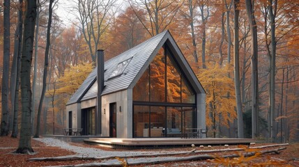 Minimalist style exterior of cottage in fall forest