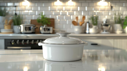 White ceramic pot on modern kitchen countertop.
