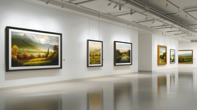 An art gallery with crisp white walls, featuring a series of landscape paintings, each piece framed and illuminated by clean, bright lighting.