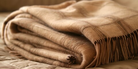 Camel wool blanket, warm and natural handmade woven plaid