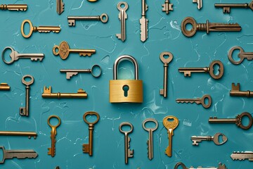 Obraz premium A single golden padlock surrounded by keys on a blue background