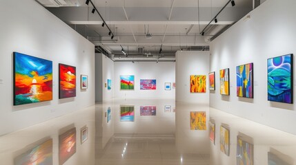 An art gallery with pristine white walls and a serene ambiance, displaying an array of vibrant paintings, with precise lighting creating a gallery-worthy display.