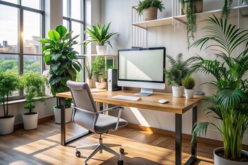 Fototapeta premium Modern office workspace background with sleek desk, chair, and plants, featuring a blank white screen monitor mockup, perfect for showcasing digital designs.