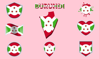 Collection of flat national flags of Burundi with map