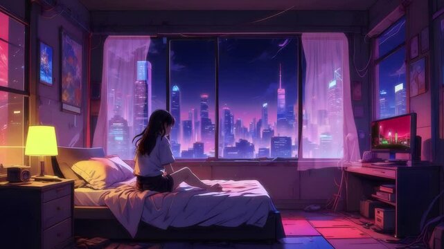 A girl sitting on her bed and watching rain, neon pink light city 2 Perfect loop
