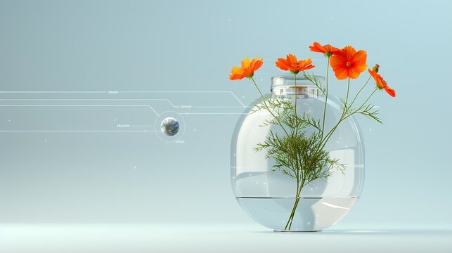 Abstract space-themed image depicting the integration of futuristic technology, vibrant flowers, and cosmic elements to represent the harmony between scientific discovery and nature Illustration,