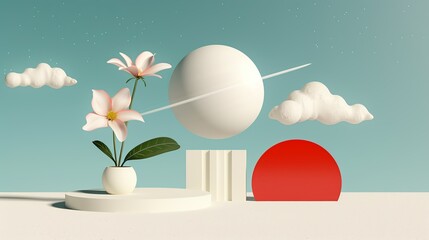 Cosmic scene depicting the integration of abstract space elements, new technology, and blooming flowers to showcase the unity of scientific innovation and the natural world Illustration, Image, sci,