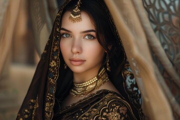 Black-haired Caucasian Woman in Dark Brown Arabian Costume Sari