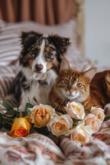 Cat Dog Holiday. Border Collie and Cat on Bed with Flowers. Love Concept