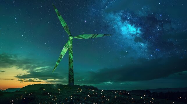 A wind turbine powered by rotating banknotes in a vast field theme, front view, symbolizing renewable wealth, futuristic tone, Complementary Color Scheme - Powered by Adobe