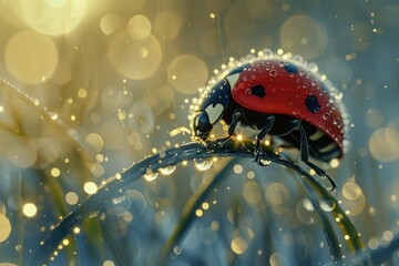 Ladybug on a Dew-Covered Blade of Grass