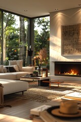7 A chic and modern living room with luxurious touches, featuring a sleek fireplace and designer accents. Wide angle, photorealistic, very detailed