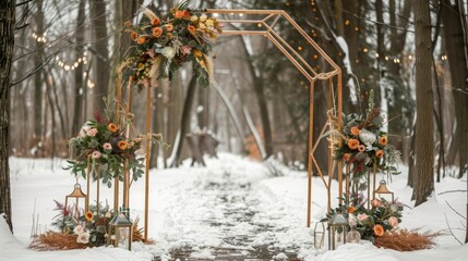 winter wedding decor, contemporary geometric wedding arch with metallic accents and shapes adds a modern twist to winter outdoor decorations, creating a stylish vibe