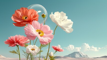 Digital art featuring cosmic landscapes, advanced technology, and colorful flowers to represent the balance between space exploration, technological progress, and nature Illustration, Image, sci,