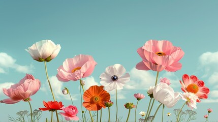 Fototapeta premium Digital art featuring cosmic landscapes, innovative technology, and colorful flowers to highlight the balance between space exploration, technological progress, and natural beauty Illustration,