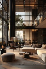29 A high-end interior with a blend of modern and luxury elements, featuring a cozy seating area and grand view. Wide angle, photorealistic, very detailed