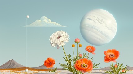Digital art featuring cosmic landscapes, innovative technology, and colorful flowers to highlight the balance between space exploration, technological progress, and nature Illustration, Image, sci,