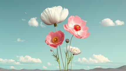 Digital art featuring cosmic landscapes, innovative technology, and colorful flowers to highlight the balance between space exploration, technological progress, and nature Illustration, Image, sci,