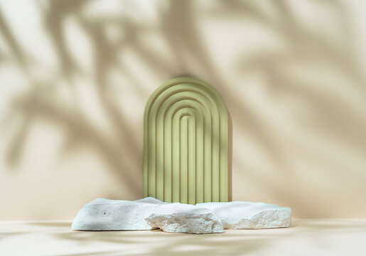 Beauty cosmetics product presentation scene made with green arch sculpture and natural stone accents. Set against a beige background with defocused leaf shadows showcasing wellness products.