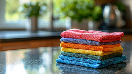 Stack of colorful microfiber cleaning cloths on a kitchen counter.