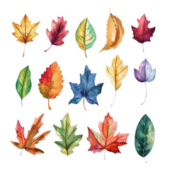 Obraz premium Colorful collection of watercolor autumn leaves in various shapes and sizes. Perfect for seasonal designs and nature-themed projects isolated on white or transparent png background