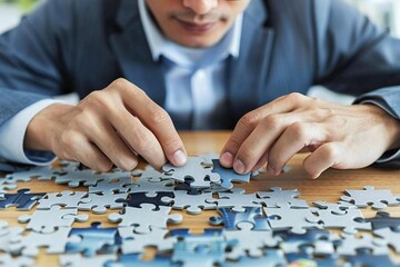 closeup shot of a businessman meticulously fixing jigsaw pieces at his desk, symbolizing creativity, problem-solving, and implementation in the corporate world.
