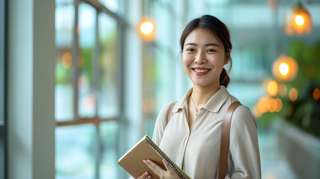 Confident Young Asian Businesswoman Smiling with Notebook in Modern Office