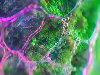 Cell structure plant, view of the leaf surface showing plant cells under the microscope