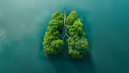 Aerial view of lung-shaped island in the ocean