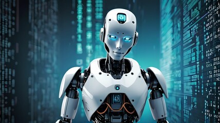 Cyberpunk robot on digital code background