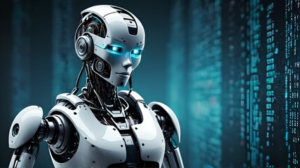 Cyberpunk robot on digital code background