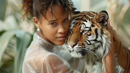 Futuristic Fashion Photoshoot with Model and Domesticated Tiger in Bioluminescent Forest