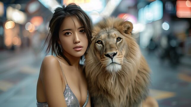 Futuristic Fashion Photoshoot with Model and Tame Lion in Neon Cityscape