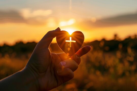 Hand holding a red heart with a cross in a wheat field at sunset