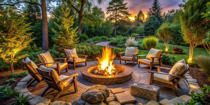 Cozy outdoor fire pit aglow with golden embers on a serene evening, surrounded by comfortable seating and lush greenery, evoking warmth and inviting ambiance.