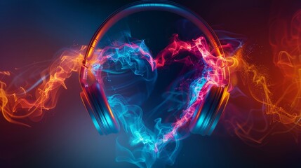 A headphone over a heart of smoke with neon lights on a dark background