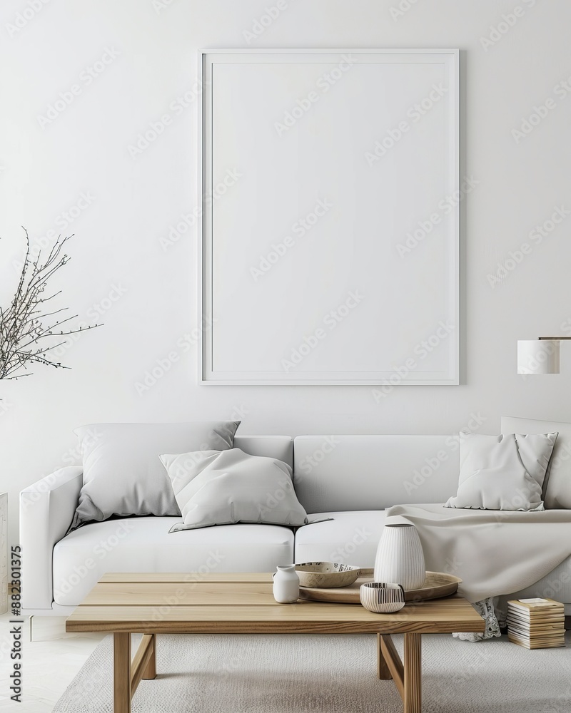 Wall mural The image depicts a light and airy living room featuring a white sofa, wooden accents, and minimalist décor, offering a tranquil and serene living environment.