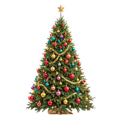 A festive Christmas tree adorned with colorful ornaments, twinkling lights, and a sparkling star, embodying holiday spirit and cheer isolated transparent image
