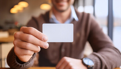 Man in cozy cafe, showing an empty business card close to the camera, focus on the business card mockup, brand identity, entrepreneur.